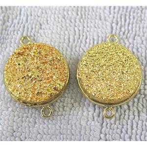 metallic quartz druzy connector, flat-round, golden electroplated, approx 20mm dia