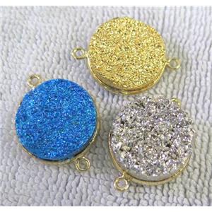 metallic quartz druzy connector, flat-round, mixed color, approx 20mm dia