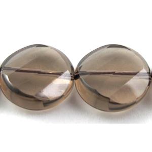 Smoky Quartz bead, faceted, twist flat round, 18mm dia, approx 21pcs per st, grade A