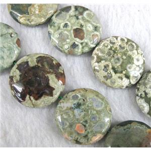 natural Rhyolite beads, flat round, green, approx 20mm dia