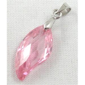 Cubic Zirconia leaf pendant, pink, 10x20mm