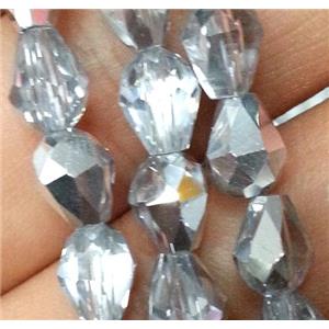 Chinese crystal glass bead, faceted teardrop, half silver plated, approx 10x15mm, 50pcs per st