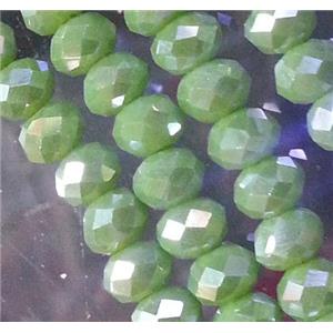 Chinese crystal glass bead, faceted rondelle, green AB color, approx 2x3mm dia, 150pcs per st