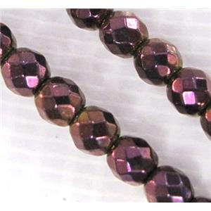 Hematite bead, no-Magnetic, faceted round, purple electroplated, approx 4mm dia, 15.5inches