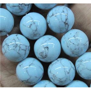 synthetic turquoise beads, round, lt.blue, approx 12mm dia, 15.5 inches