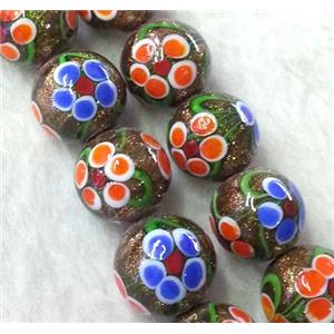 lampwork bead with flower and goldsand, round, 12mm dia