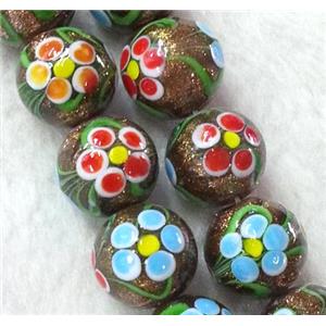 lampwork bead with flower and goldsand, round, 12mm dia