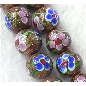 lampwork bead with flower and goldsand, round, 14mm dia