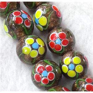 lampwork bead with flower and goldsand, round, 14mm dia