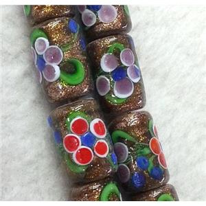 lampwork bead with flower and goldsand, round tube, 10x20mm