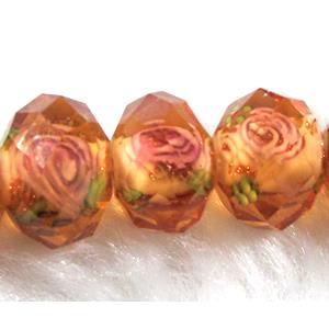 Lampwork Glass bead, faceted wheel, flower, orange, 9x12mm