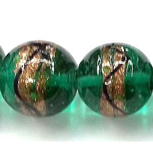 glass lampwork beads with goldsand, round, green, 12mm dia