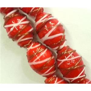 Lampwork Glass bead with goldsand, barrel, stripe, red,, 15x23mm