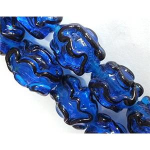 Lampwork Glass bead with stripe, barrel, blue, 13x18mm