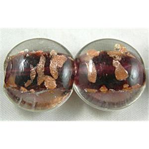 lampwork glass beads with goldsand, flat-round, deep-purple, 15mm dia, 25pcs per st