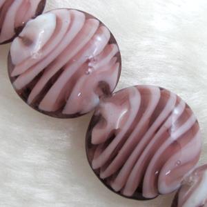 lampwork glass beads, flat-round, swirl line, purple, 20mm dia, 20pcs per st