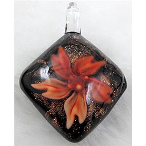 murano style lampwork glass pendant with goldsand, flower, red, 32x45mm