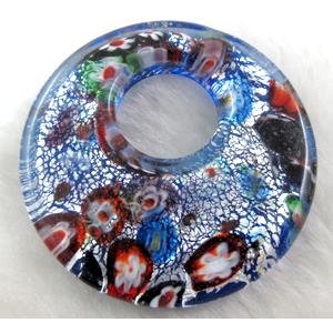 Lampwork glass pendants, silver foil, blue, 50mm dia