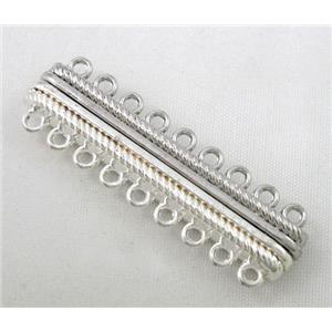 Magnetic alloy connector clasp, silver plated, approx 14x45mm, 9 hole per tier