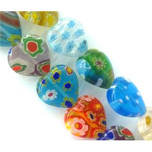 Millefiori glass bead, heart, mixed, 8mm dia, 50pcs per st