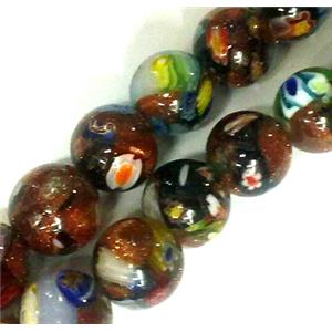 Millefiori glass bead with goldsand, mixed, round, 12mm dia, 33pcs per st