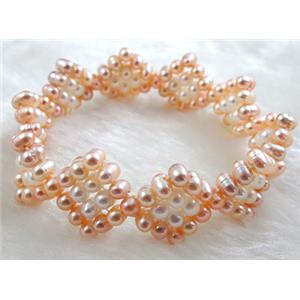 Handcraft Cluster Pearl Bracelet, elastic, Pink, 60mm dia, 20mm wide