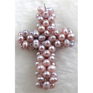 freshwater pearl pendant, cluster, cross, handcraft, purple, 33x45mm