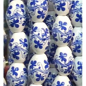 blue and white Porcelain Beads, barrel, 11x16mm, 25pcs per st