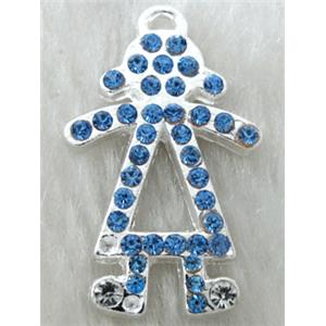 Alloy pendants paved blue rhinestone, silver plated, 20x32mm, 46pcs rhinestone