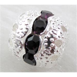 Rhinestone, copper round bead, silver plated, deep purple, 10mm dia