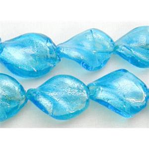 Aqua Handmade Twist Silver Foil Glass Bead, 15x20mm, 20beads per st.