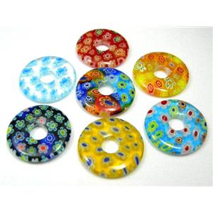 Millefiori glass donut pendant-multi flower mixed, approx 30mm