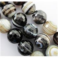 black Agate Stone beads, faceted round, stripe, 14mm dia, approx 27pcs per st