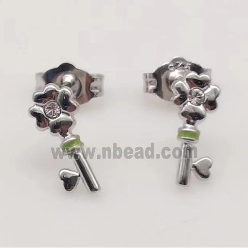 sterling silver Earring studs, key charm, enamel