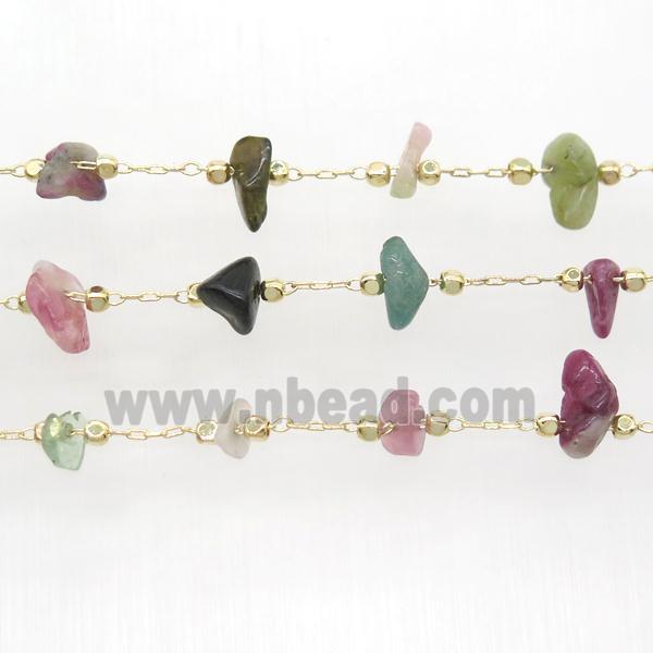 multicolor Tourmaline chip chain, gold plated