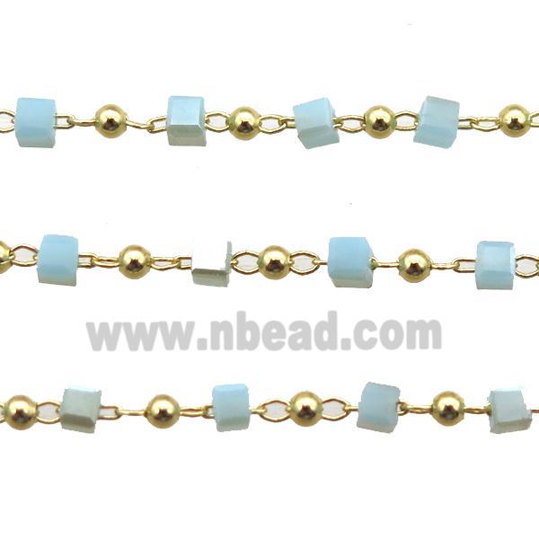 copper chain with blue crystal glass cube beads, gold plated