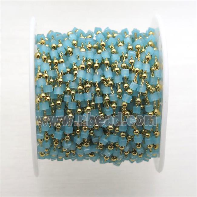 copper chain with blue crystal glass cube beads, gold plated