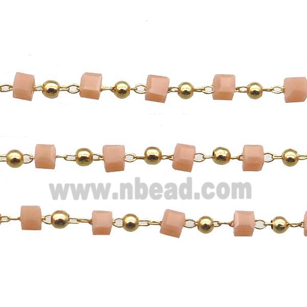 copper chain with peach crystal glass cube beads, gold plated