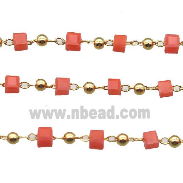 copper chain with red crystal glass cube beads, gold plated