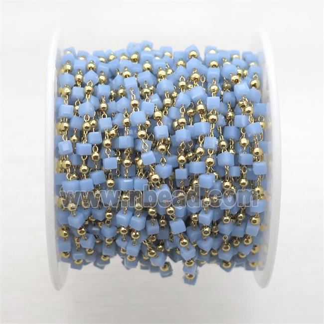 copper chain with blue crystal glass cube beads, gold plated