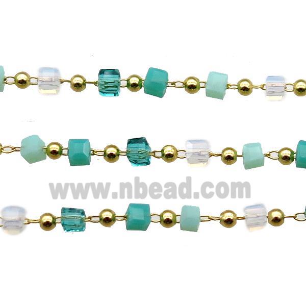 copper chain with crystal glass cube beads, gold plated