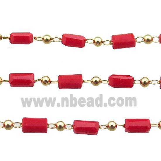 copper chain with red crystal glass beads, tube, gold plated