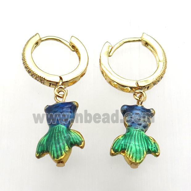 copper hoop earring paved zircon painted goldfish, gold plated