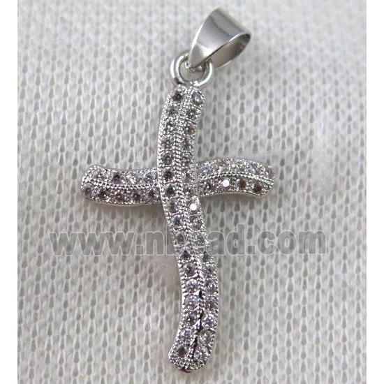 copper cross pendant paved zircon, platinum plated