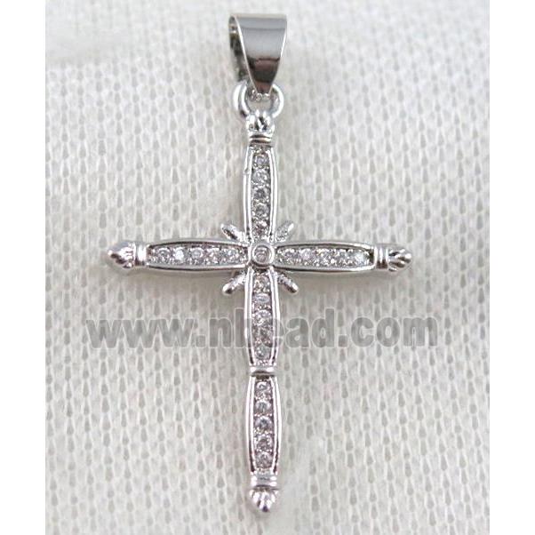 copper cross pendant paved zircon, platinum plated