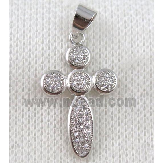 copper cross pendant paved zircon, platinum plated