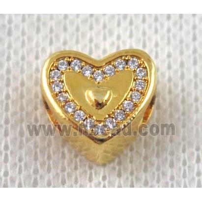 copper heart beads paved zircon, gold plated