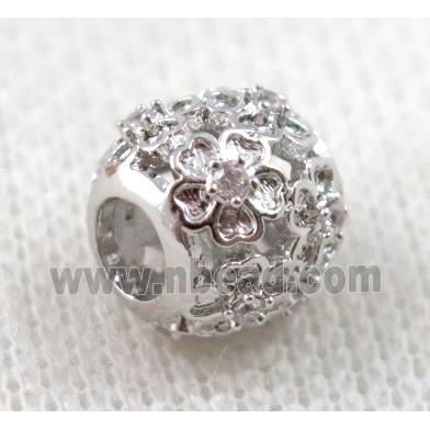 round copper bead paved zircon, hollow, platinum plated