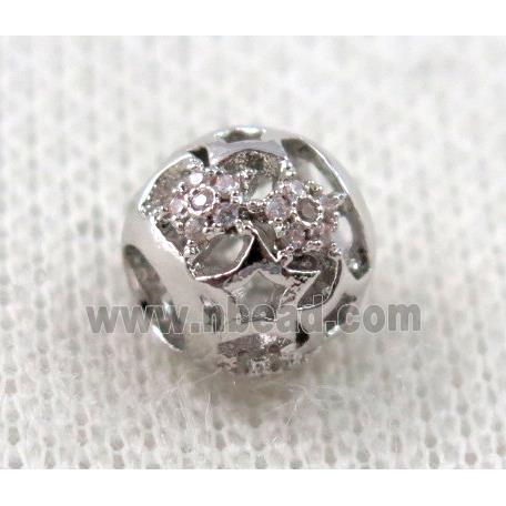 round copper bead paved zircon, hollow, platinum plated