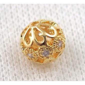 round copper bead paved zircon, hollow, gold plated